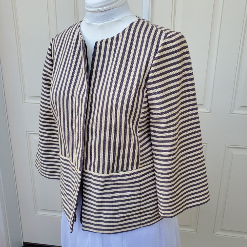 Tory Burch Cotton Stripped Zipper Jacket, Brown & Cream, Size 10